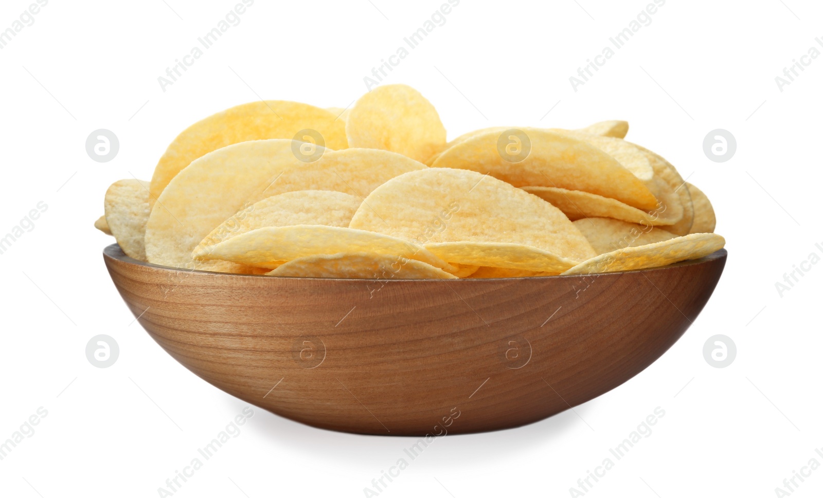 Photo of Bowl with delicious potato chips isolated on white