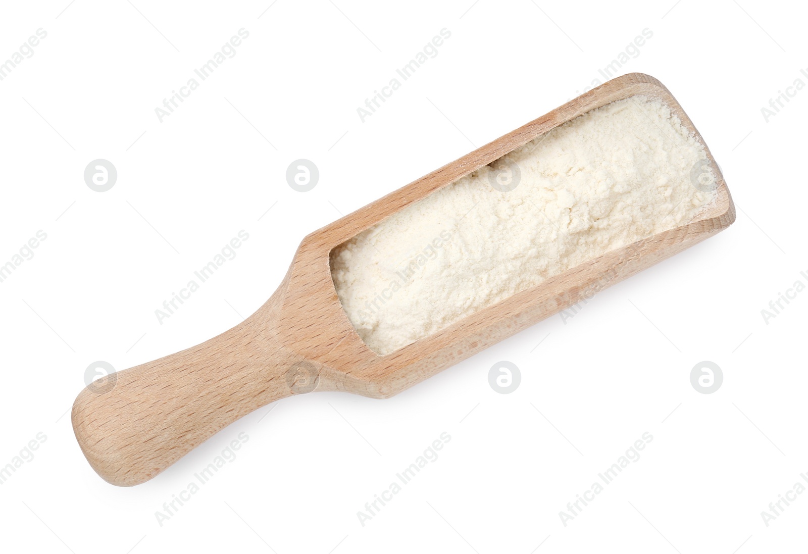 Photo of Baking powder in scoop isolated on white, top view