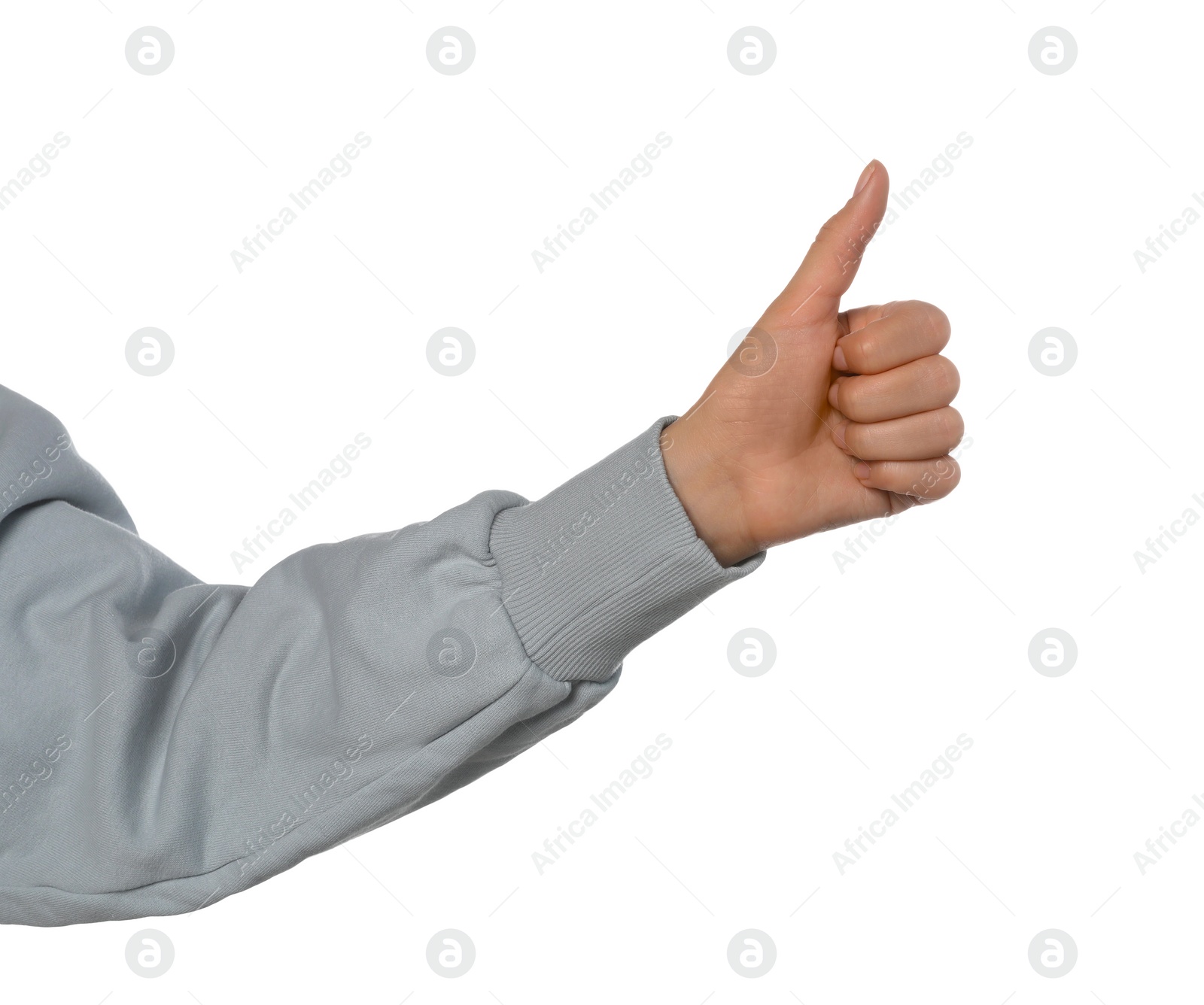 Photo of Woman hitchhiking on white background, closeup view