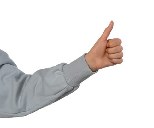 Photo of Woman hitchhiking on white background, closeup view