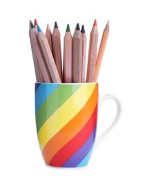 Colorful pencils in cup on white background