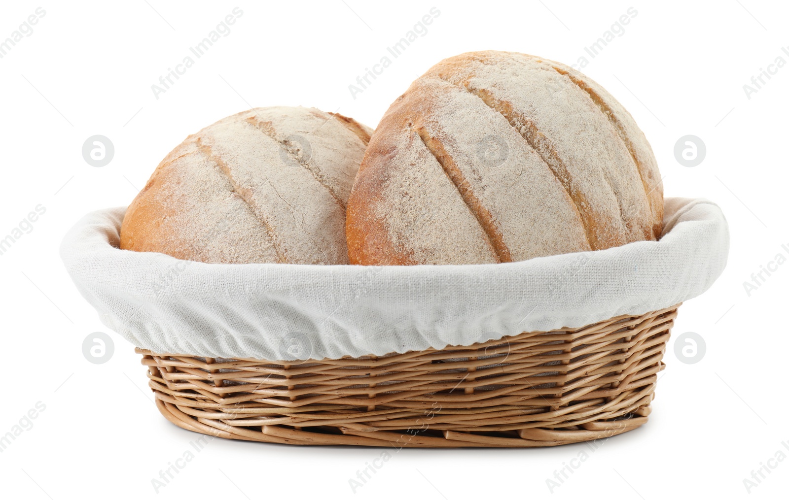 Photo of Wicker basket with fresh bread isolated on white