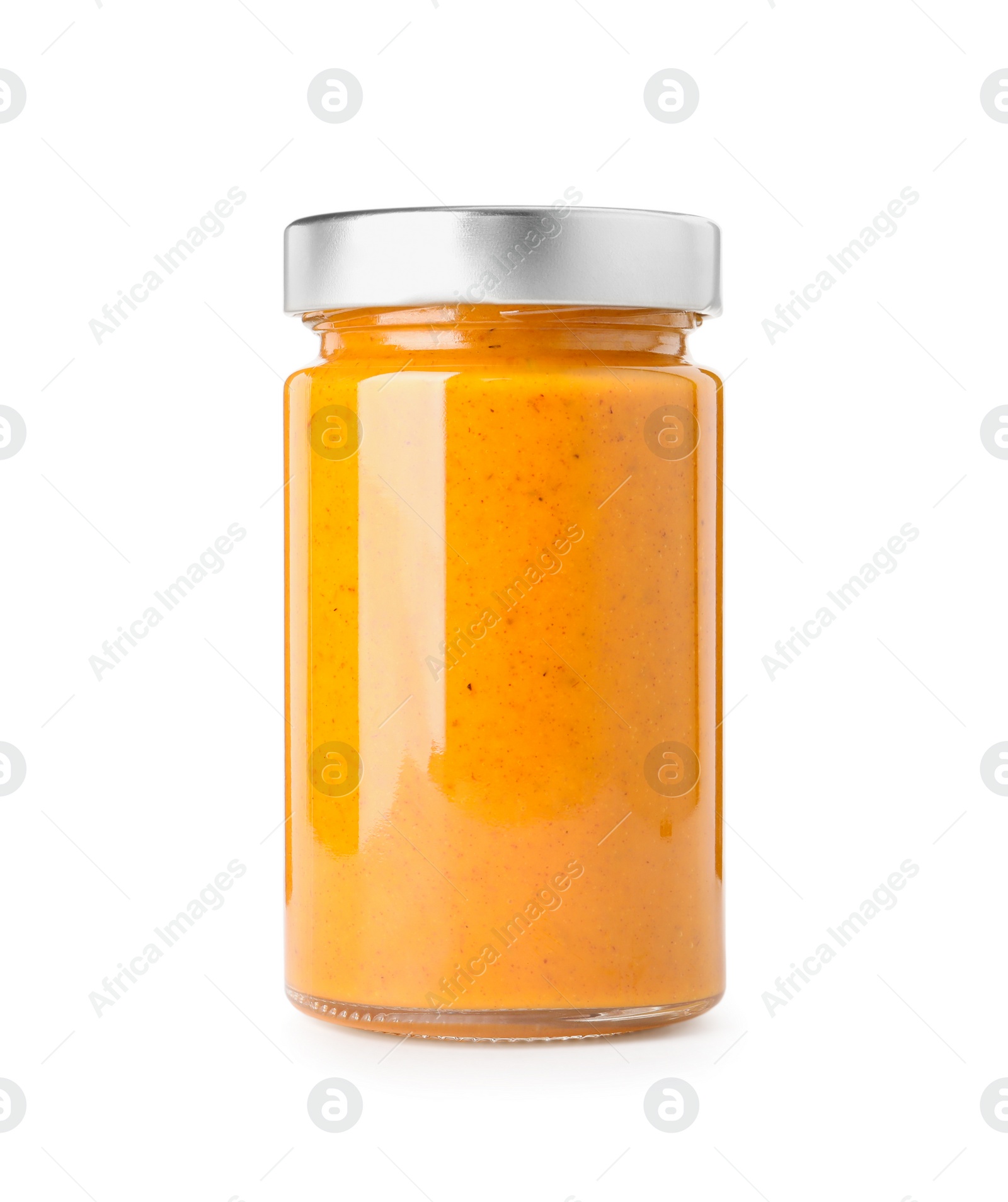 Photo of Delicious sea buckthorn jam in jar isolated on white