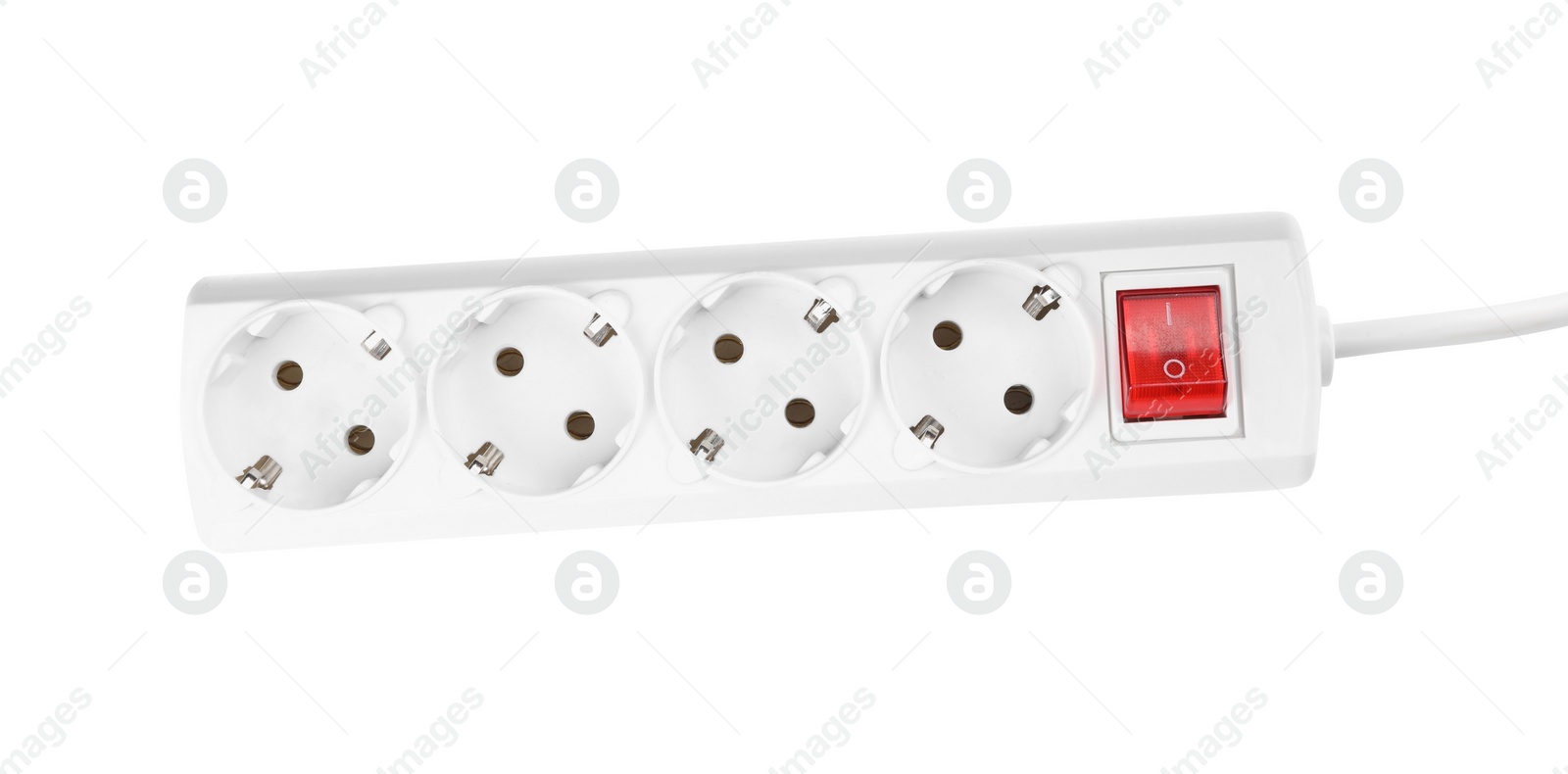 Photo of Power strip on white background, top view. Electrician's equipment