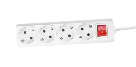 Power strip on white background, top view. Electrician's equipment