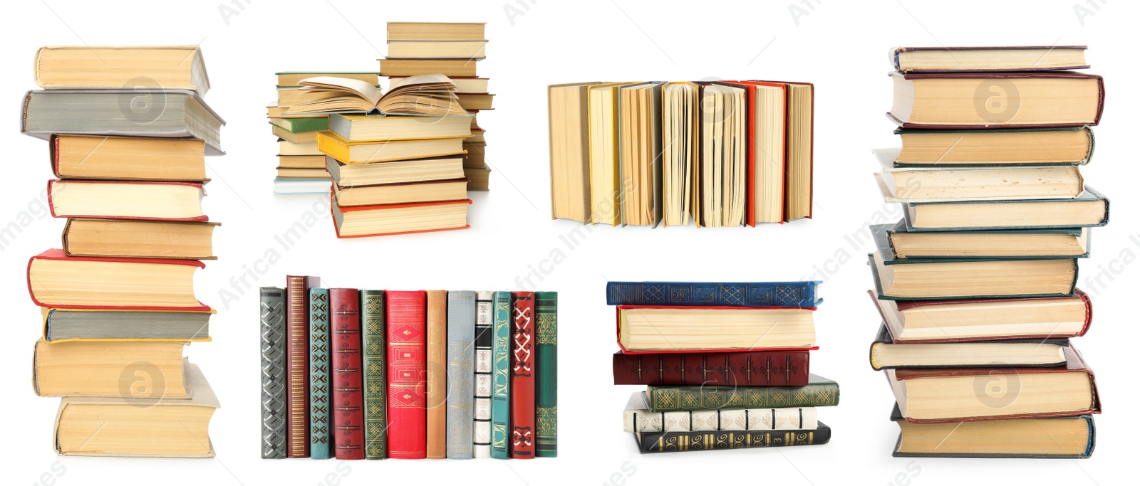 Image of Collection of different hardcover books on white background. Banner design