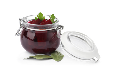 Photo of Pickled beets in jar isolated on white