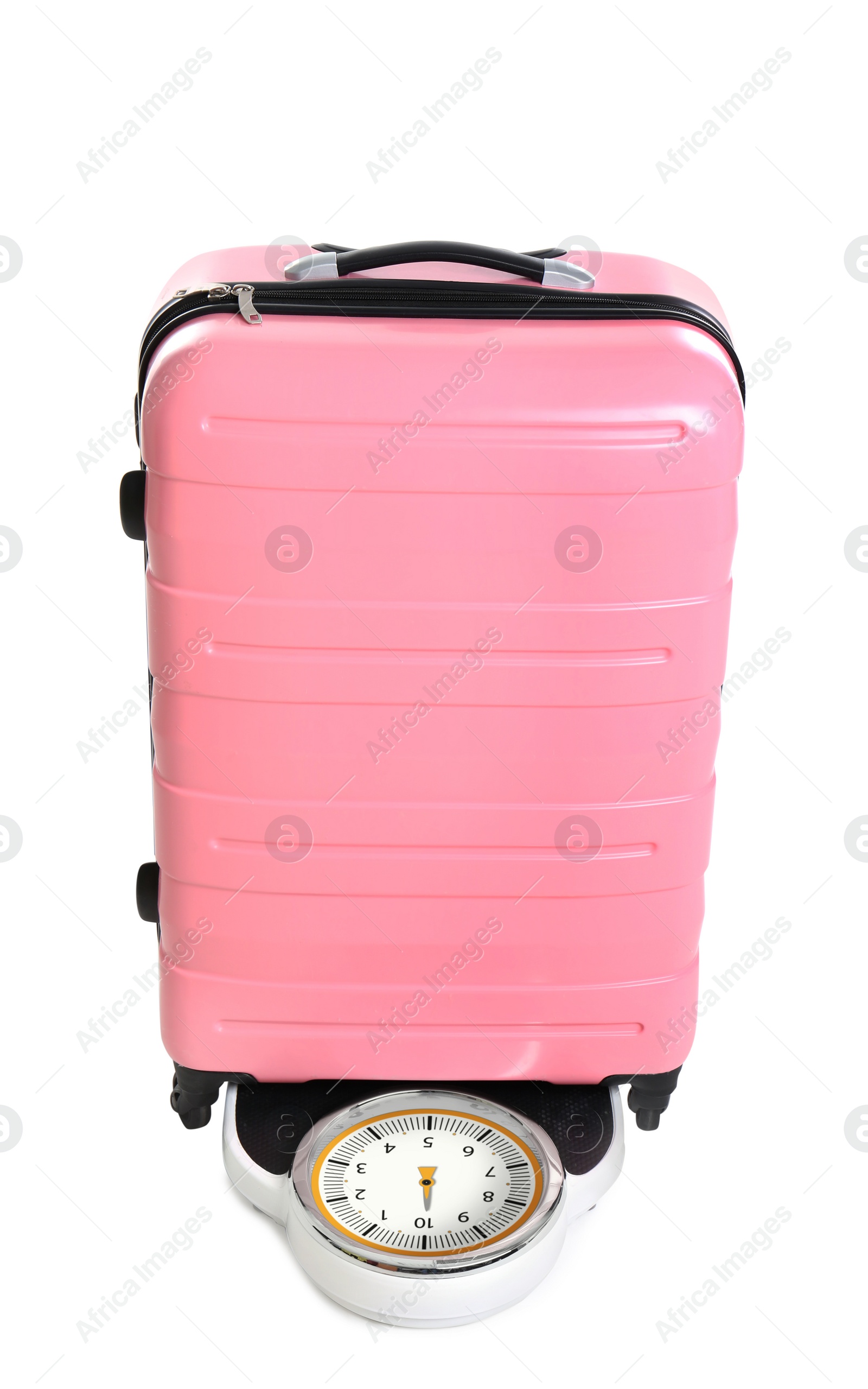 Photo of Weighing stylish suitcase on scales, white background