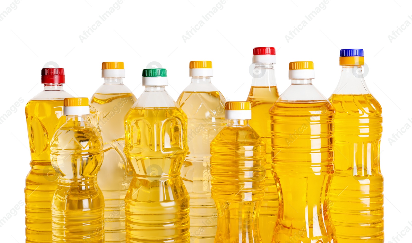 Photo of Bottles of cooking oil on white background