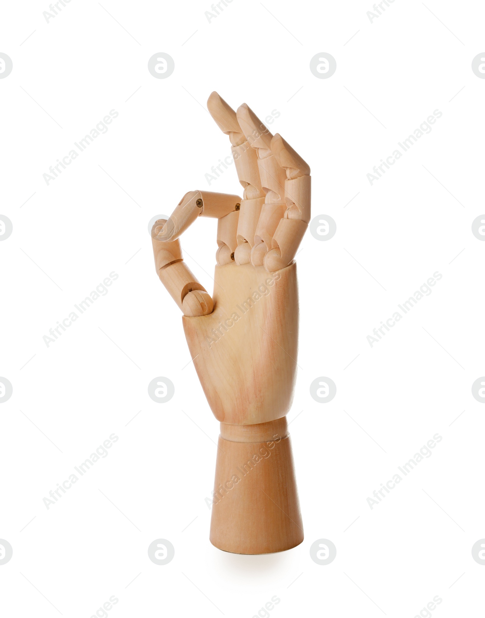 Photo of Wooden mannequin hand showing okay gesture on white background