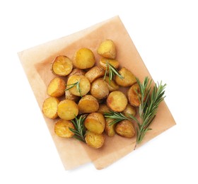 Photo of Tasty baked potato and aromatic rosemary isolated on white, top view