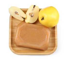 Photo of Delicious sweet quince paste and fresh fruits isolated on white, top view