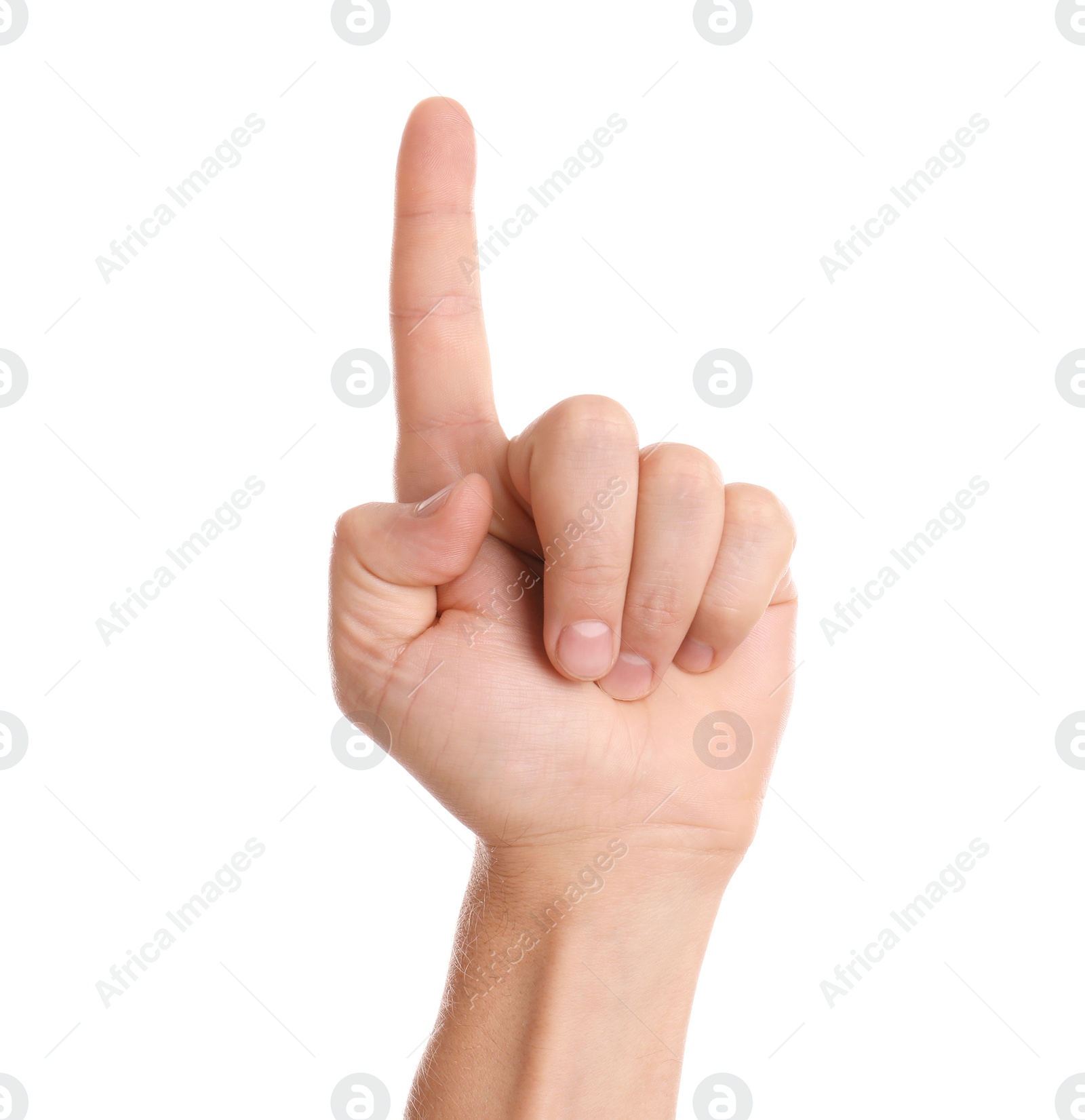 Photo of Man pointing at something on white background, closeup of hand