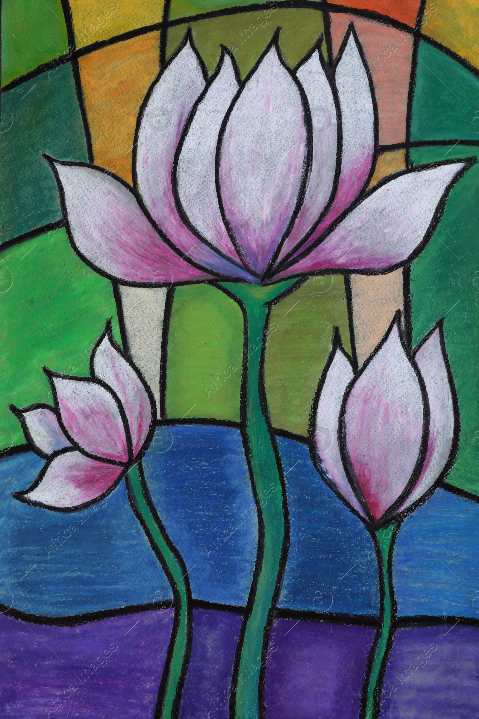 Photo of Pastel drawing of beautiful lotus flowers on colorful background
