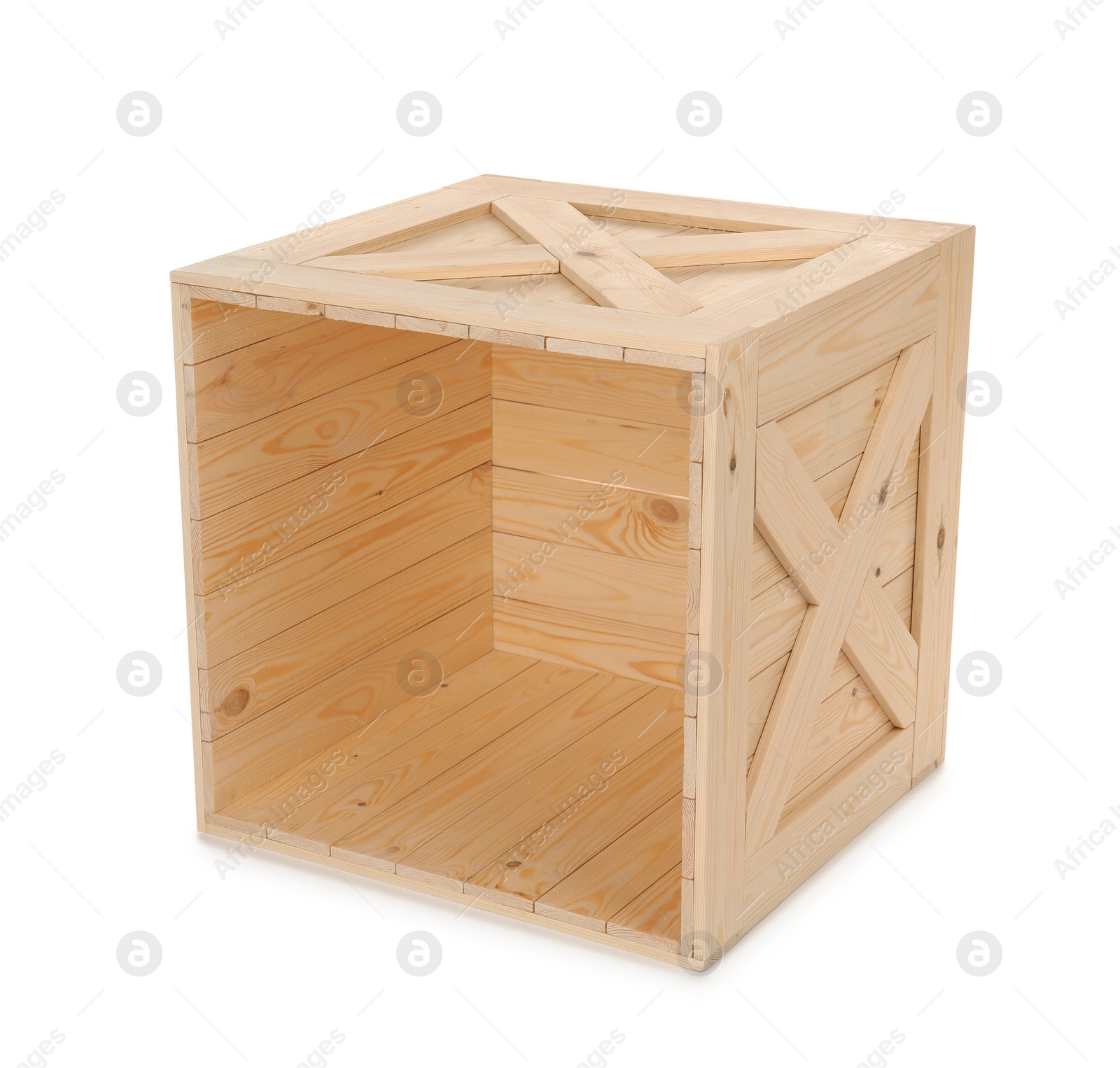 Photo of Open new wooden crate isolated on white