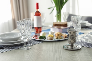 Table served for Passover (Pesach) Seder indoors