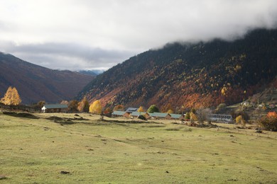 Photo of Picturesque landscape with forest and mountain village on autumn day