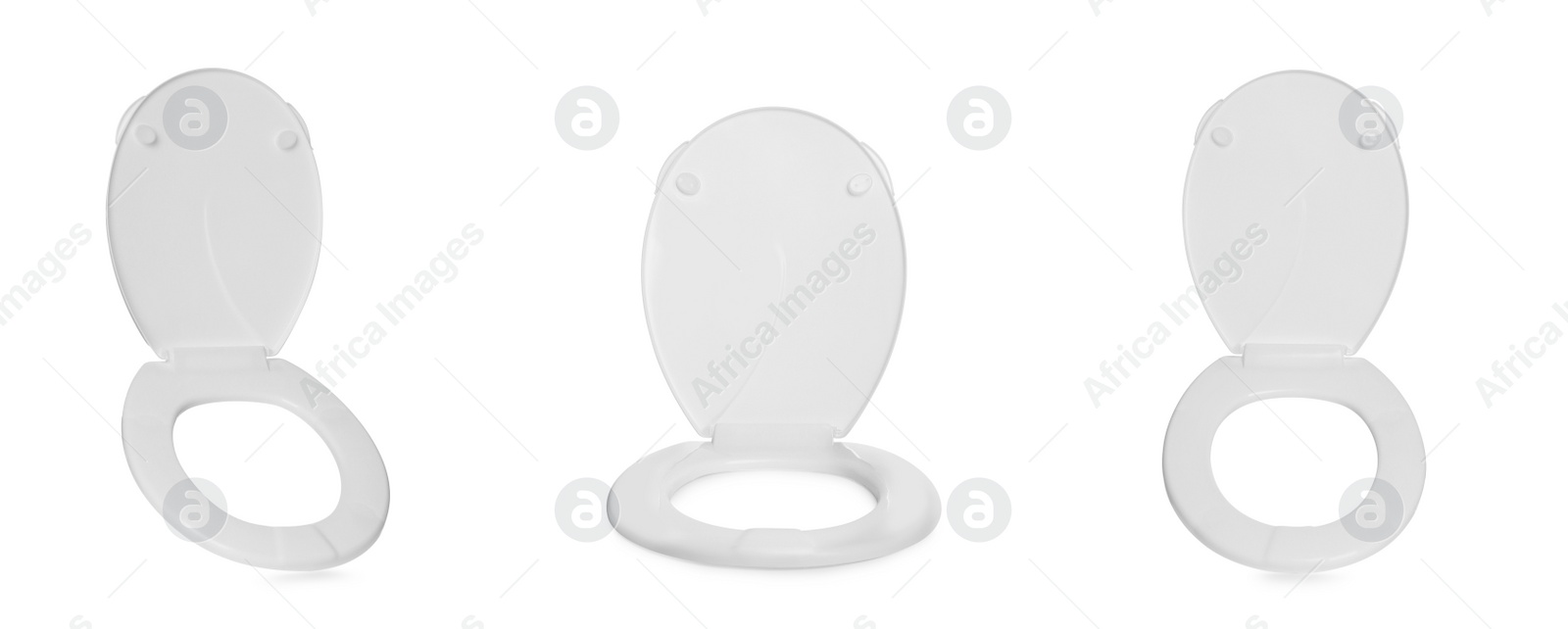Image of Set with plastic toilet seats on white background. Banner design