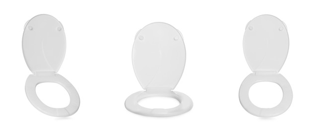 Set with plastic toilet seats on white background. Banner design