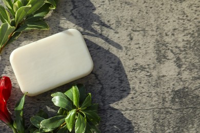 Photo of Soap bar and green plants on light grey textured table, flat lay. Space for text