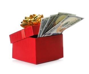 Photo of Gift box with dollar banknotes on white background