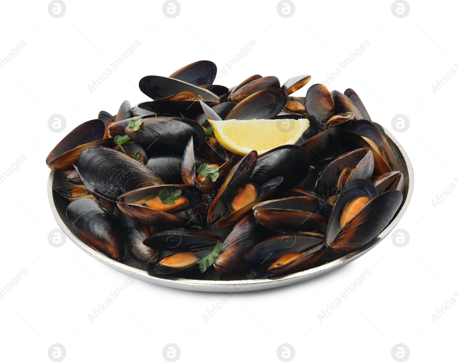 Photo of Plate with cooked mussels, parsley and lemon isolated on white