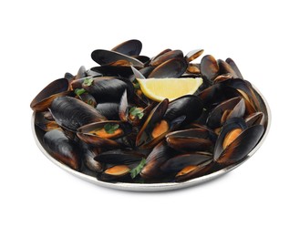 Photo of Plate with cooked mussels, parsley and lemon isolated on white