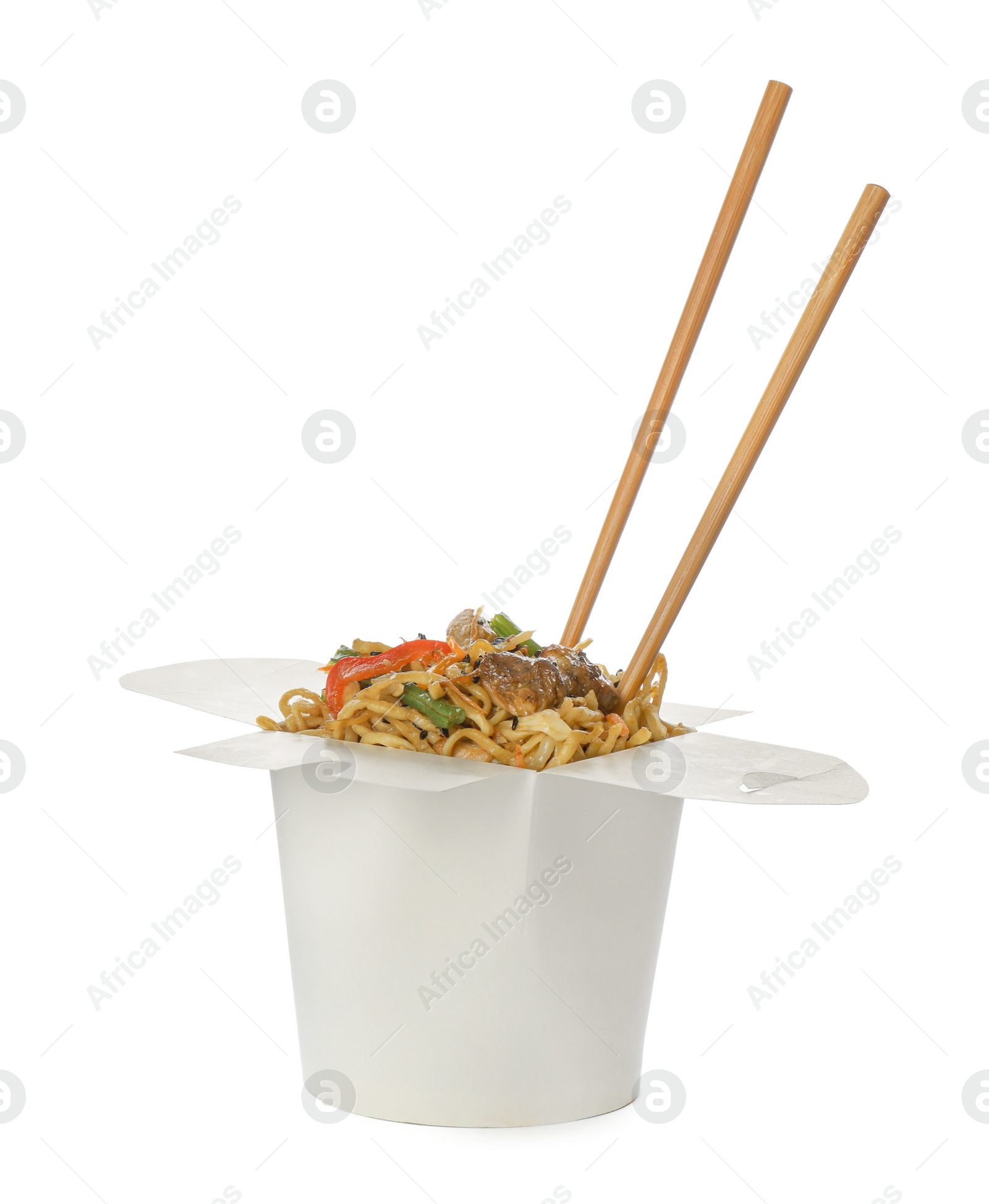 Photo of Box of wok noodles with vegetables, meat and chopsticks isolated on white