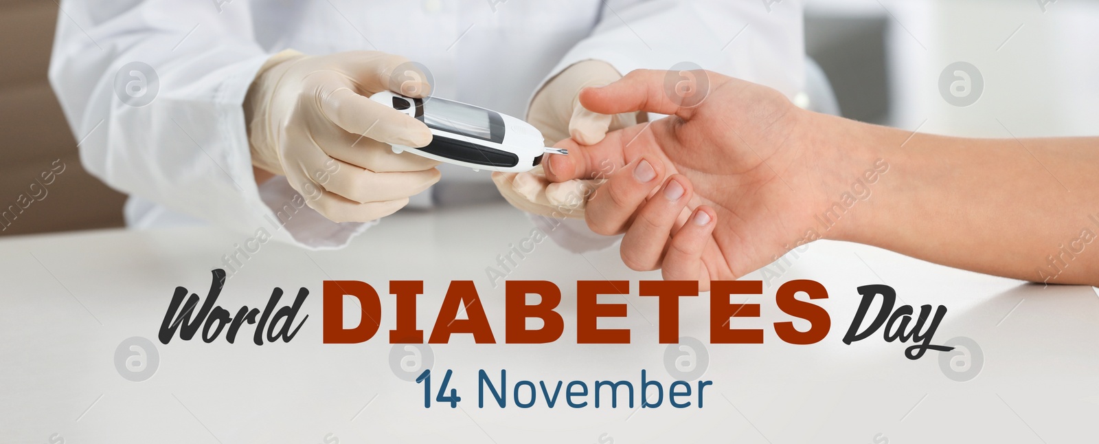 Image of World Diabetes Day. Doctor checking patient's blood sugar level with digital glucometer at table, closeup. Banner design