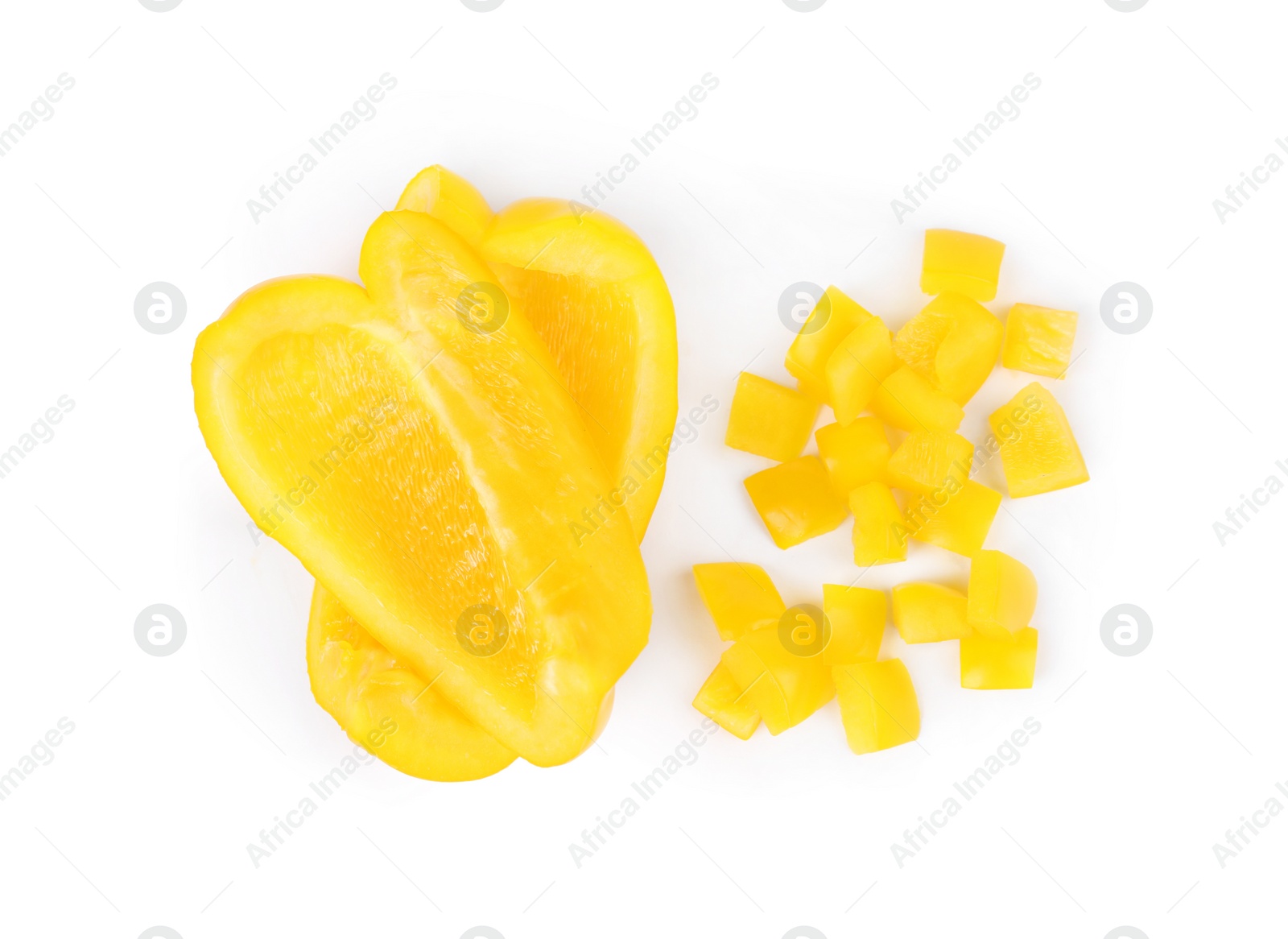 Photo of Cut yellow bell pepper isolated on white, top view