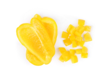 Photo of Cut yellow bell pepper isolated on white, top view