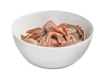 Photo of Anchovy fillets in bowl on white background