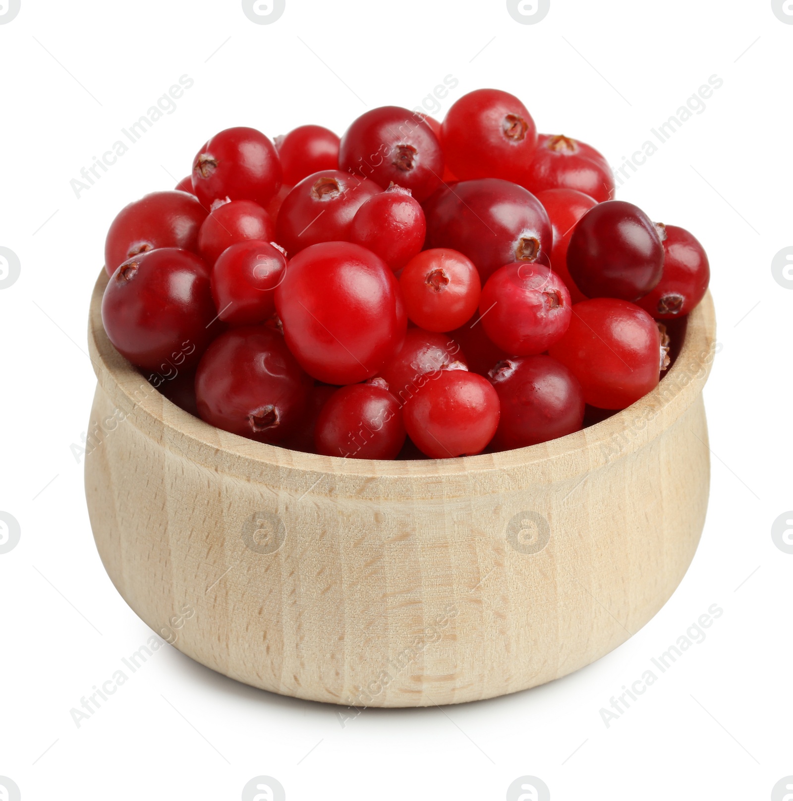 Photo of Wooden bowl of fresh ripe cranberries isolated on white