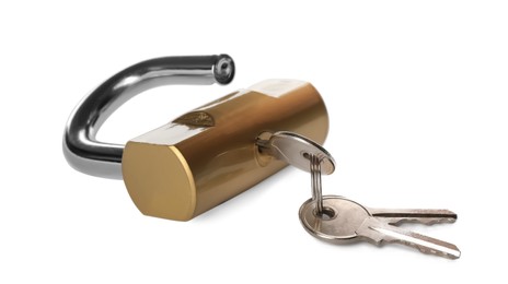 Photo of Modern padlock with keys isolated on white