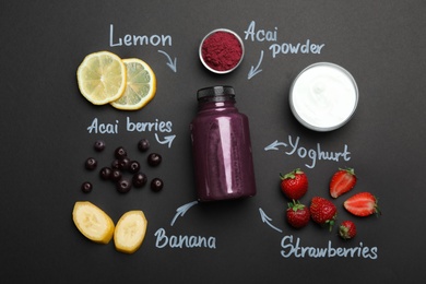 Bottle of acai drink, ingredients and written product's names on black background, flat lay