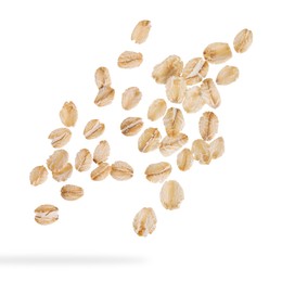 Image of Rolled oat flakes falling on white background