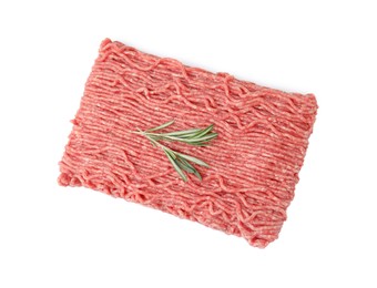 Photo of Fresh raw ground meat and rosemary isolated on white, top view