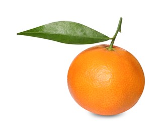 Photo of One fresh tangerine with green leaf isolated on white