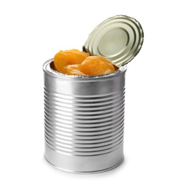 Photo of Tin can with conserved peaches on white background