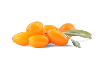 Photo of Fresh ripe sea buckthorn berries with leaves on white background