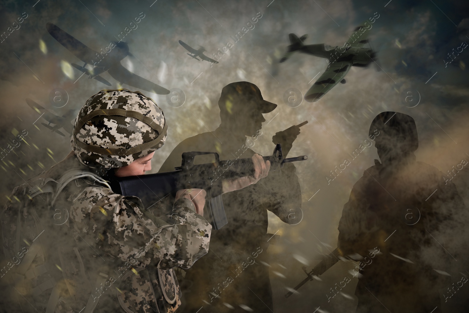 Image of Soldiers and planes in combat zone. Military service