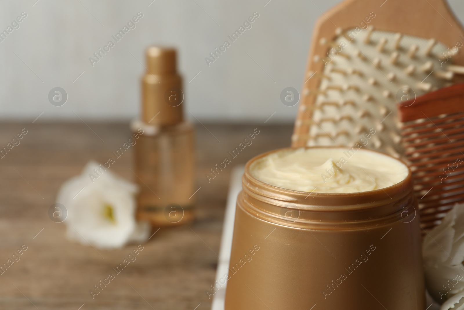 Photo of Hair products and accessories, closeup. Space for text