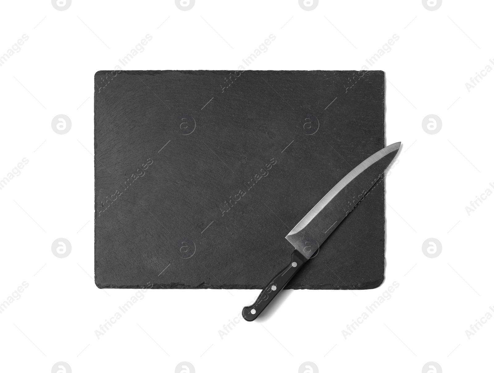 Photo of Sharp chef's knife with slate plate isolated on white, top view