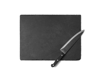 Photo of Sharp chef's knife with slate plate isolated on white, top view