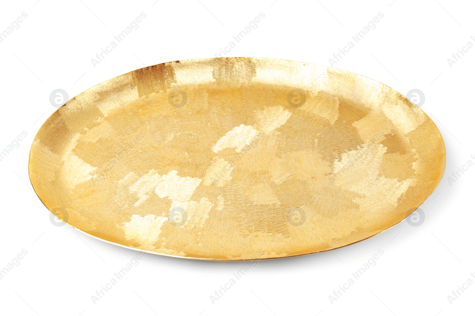 Photo of Shiny stylish gold tray on white background