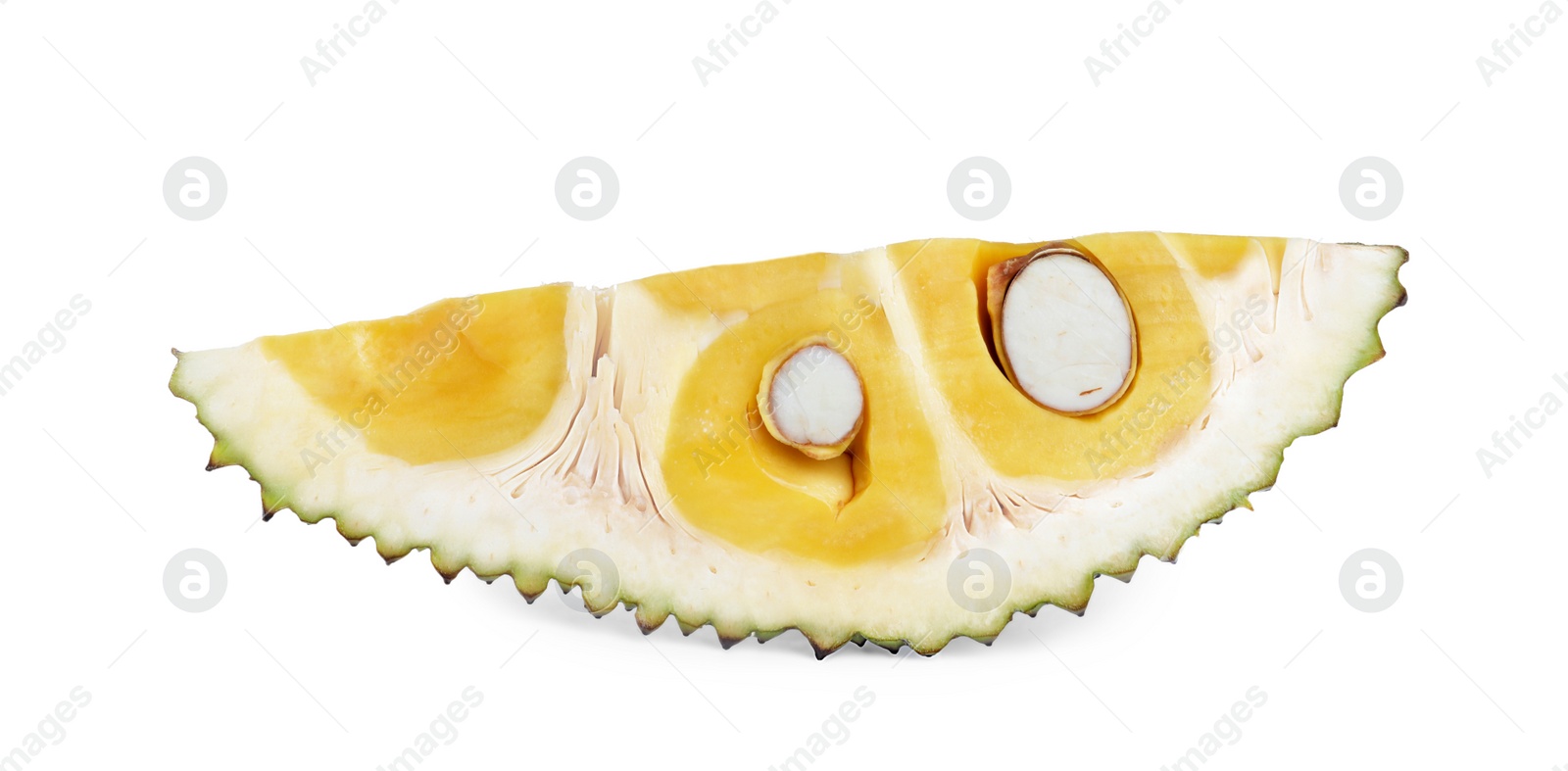 Photo of Slice of delicious cut fresh exotic jackfruit isolated on white