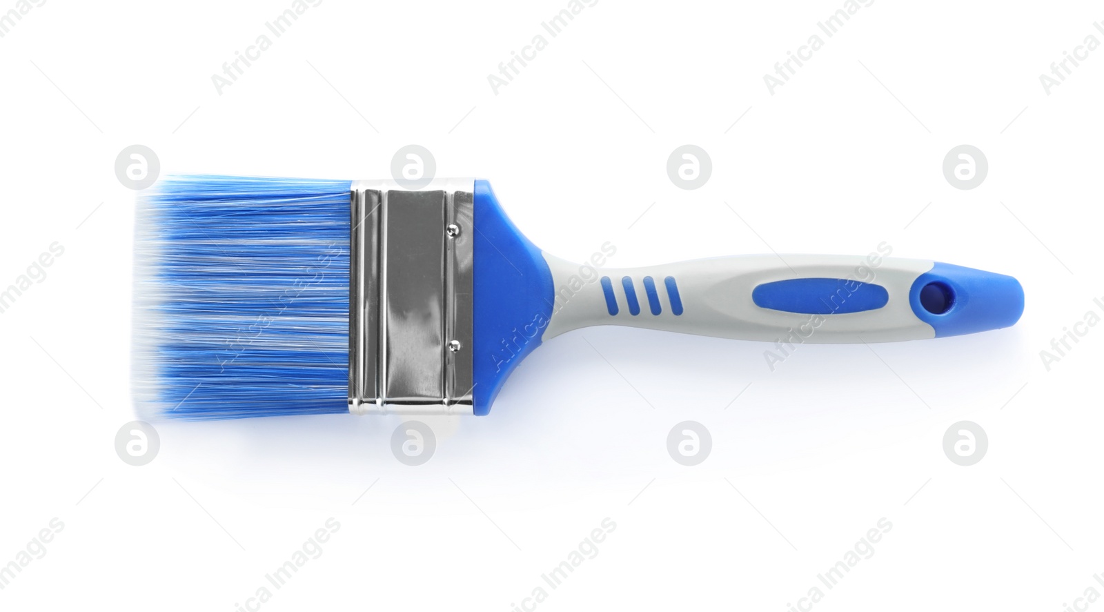 Photo of Paint brush with blue bristle on white background