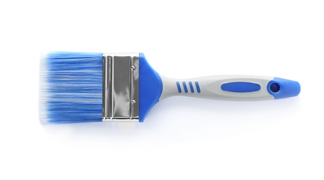 Photo of Paint brush with blue bristle on white background