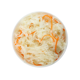 Photo of Bowl of tasty fermented cabbage isolated on white, top view