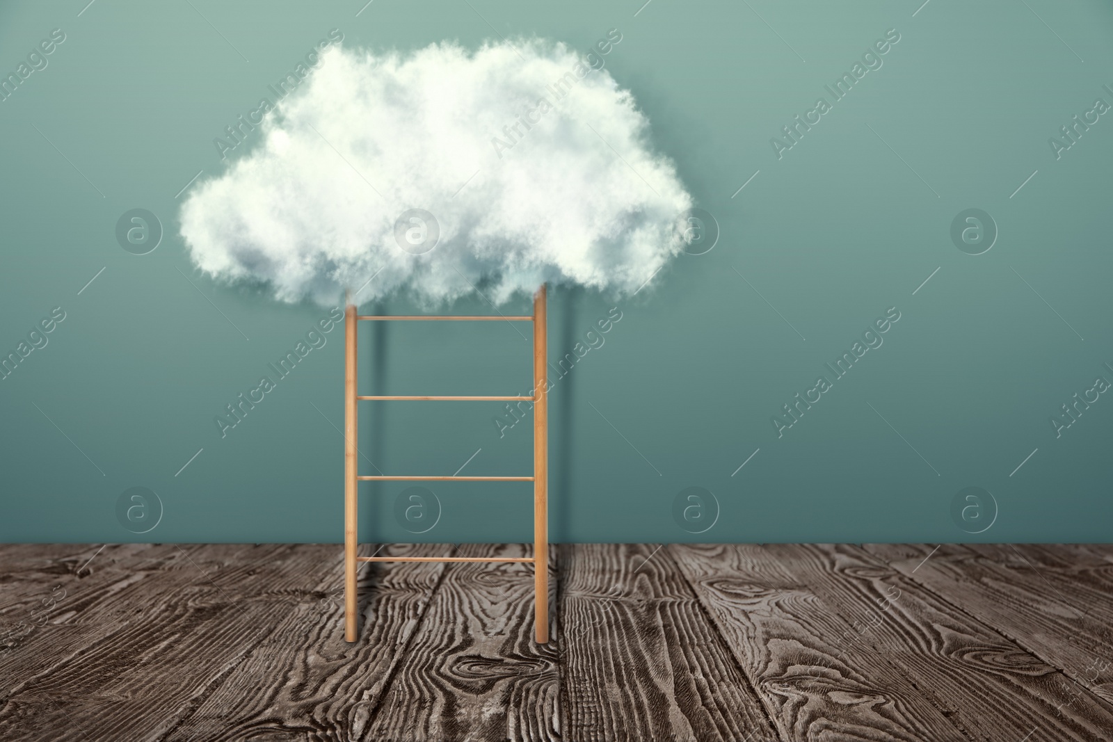 Image of Wooden ladder with cloud near grey wall. Conceptual design 